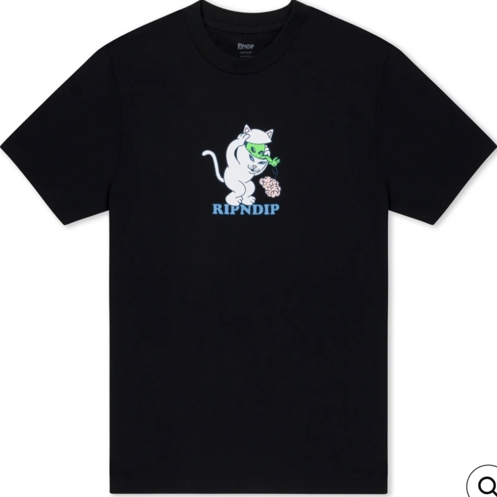 Ripndip Black Tee with White Cat and Green Accents
